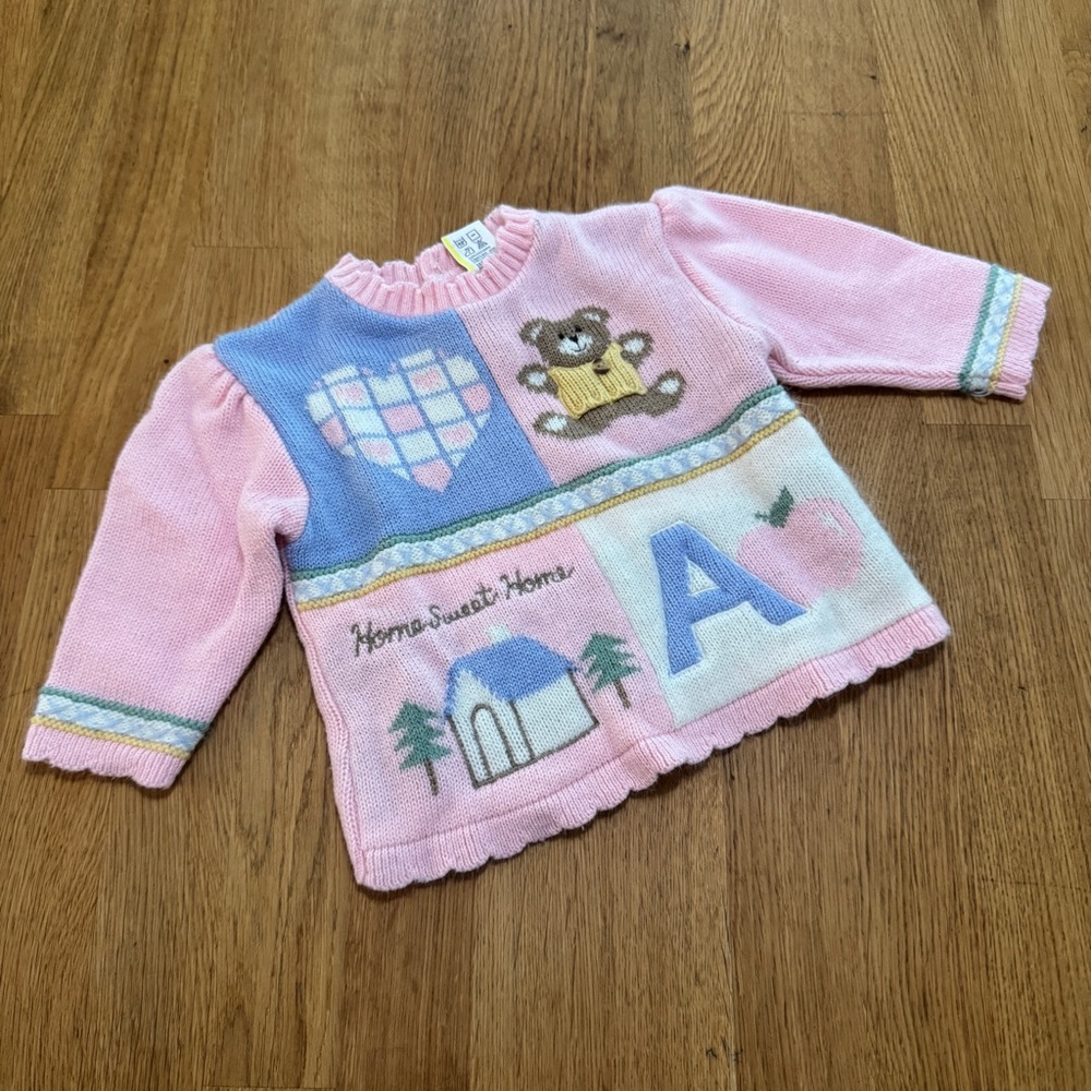 Vintage 3-6 MONTHS Pink Home Sweet Home Puff Sleeve Knit Sweater